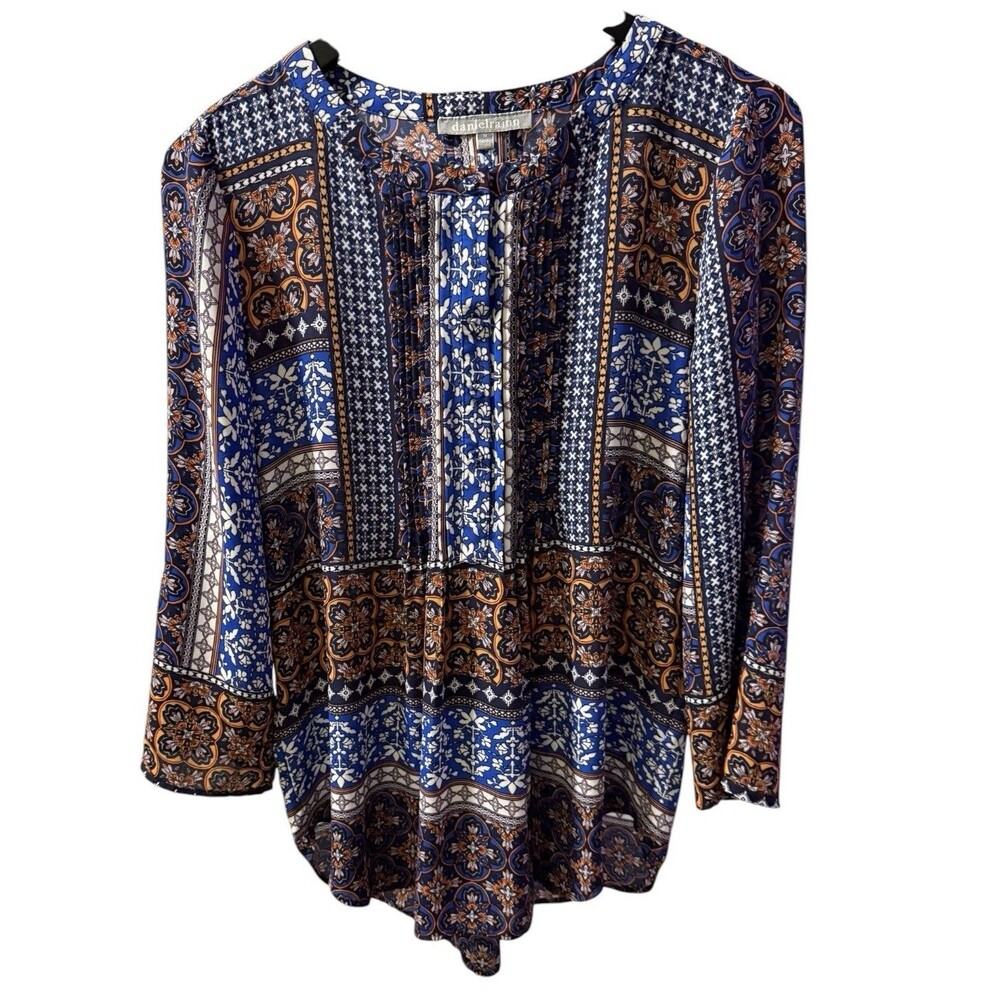 Daniel Rainn M Bohemian Paisley Pleated Henley Blouse Tunic Top Blue Orange